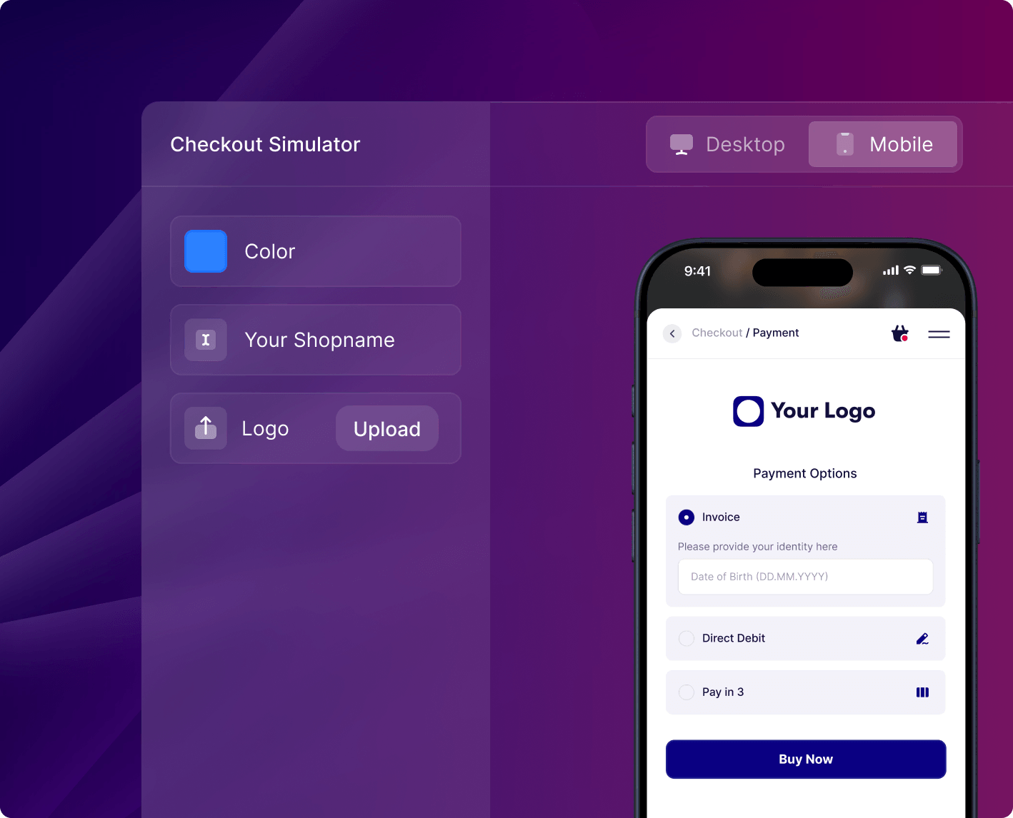 Image of our payment methods in the checkout on a mobile phone