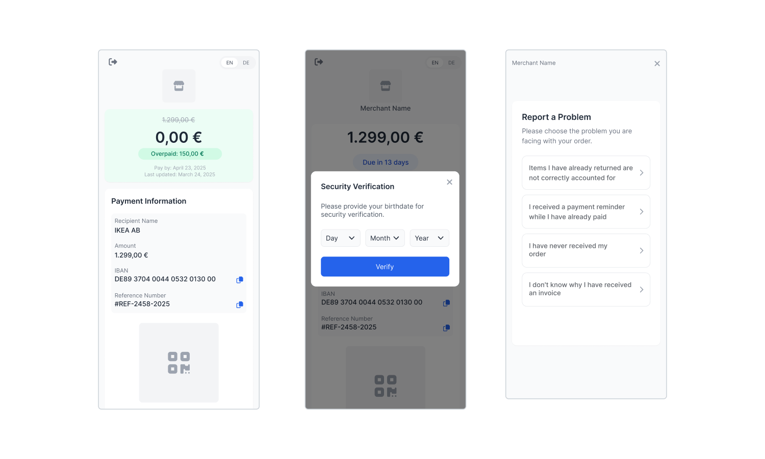 Three screenshots of the Buyer Portal by Ratepay for smartphones.